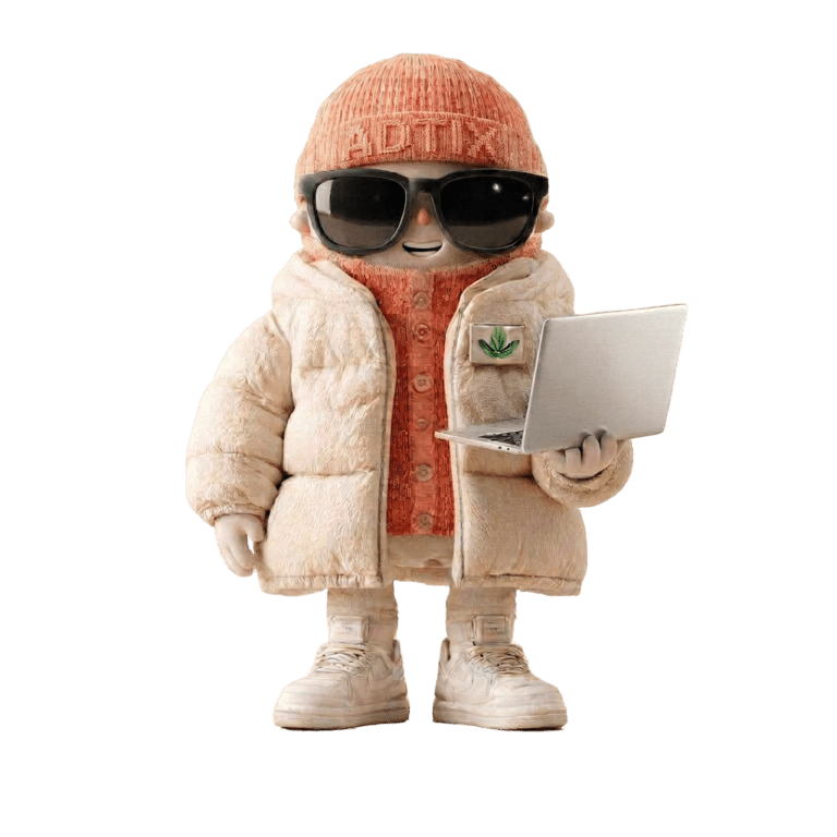 Mascota 3D de ADTIX con laptop representando el enfoque en marcas conscientes e impacto real